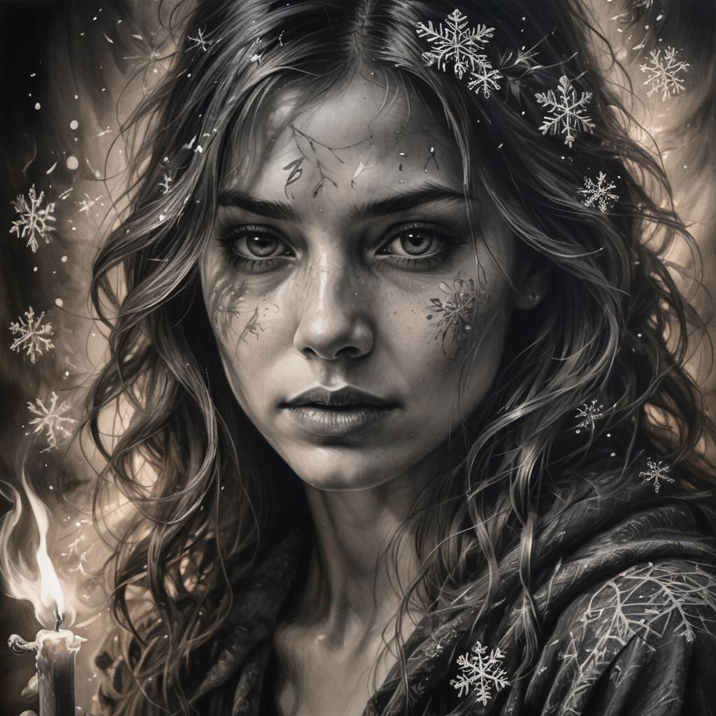 Dramatic Charcoal Portrait with Snowflakes and Candlelight