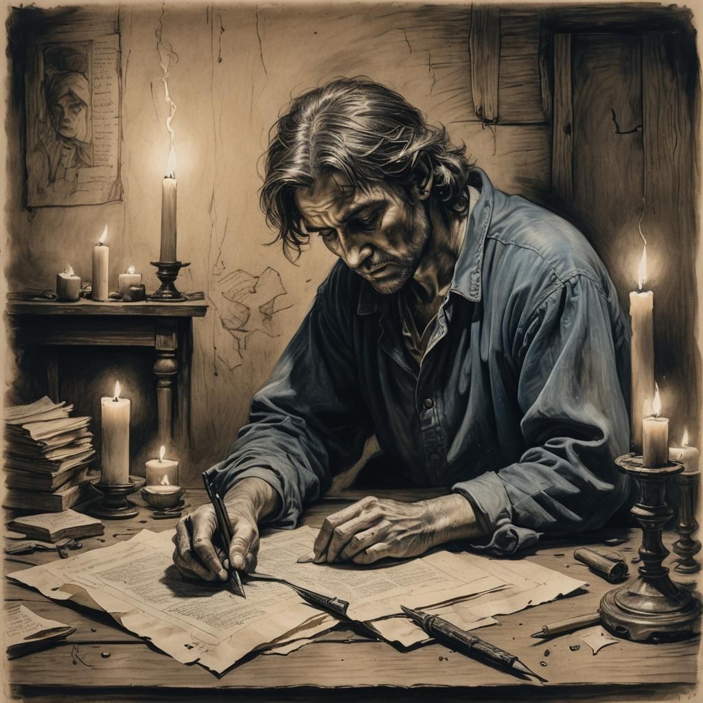 Melancholic Charcoal Portrait with Candlelight and Deep Shad...