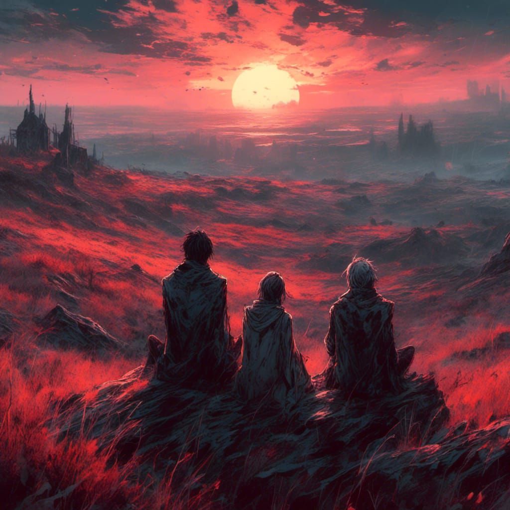 Ghosts Watch Sunset in Manga Anime Style