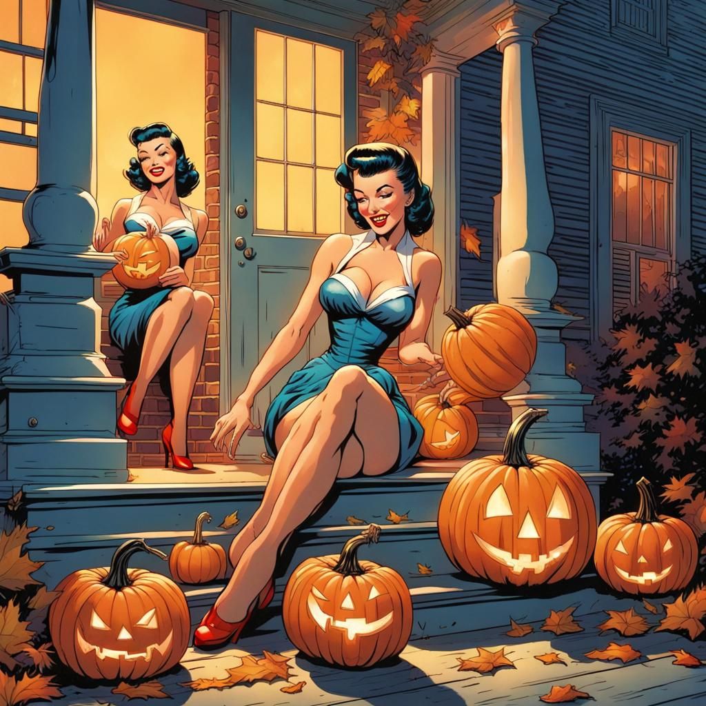 1950s Pinup Girls Carving Pumpkins: Comic Book Art