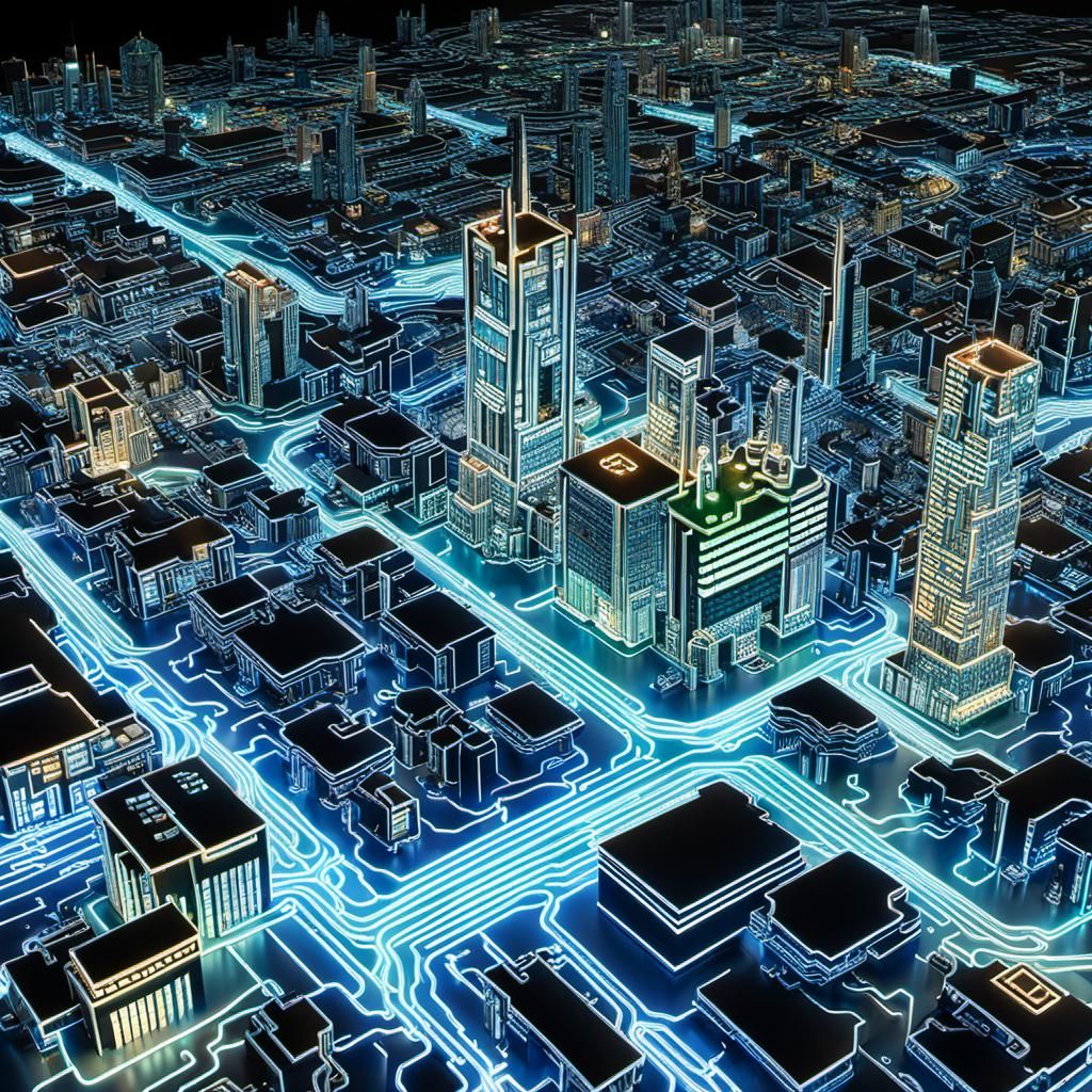 Glowing Circuit Cityscape with Chibi Mouse