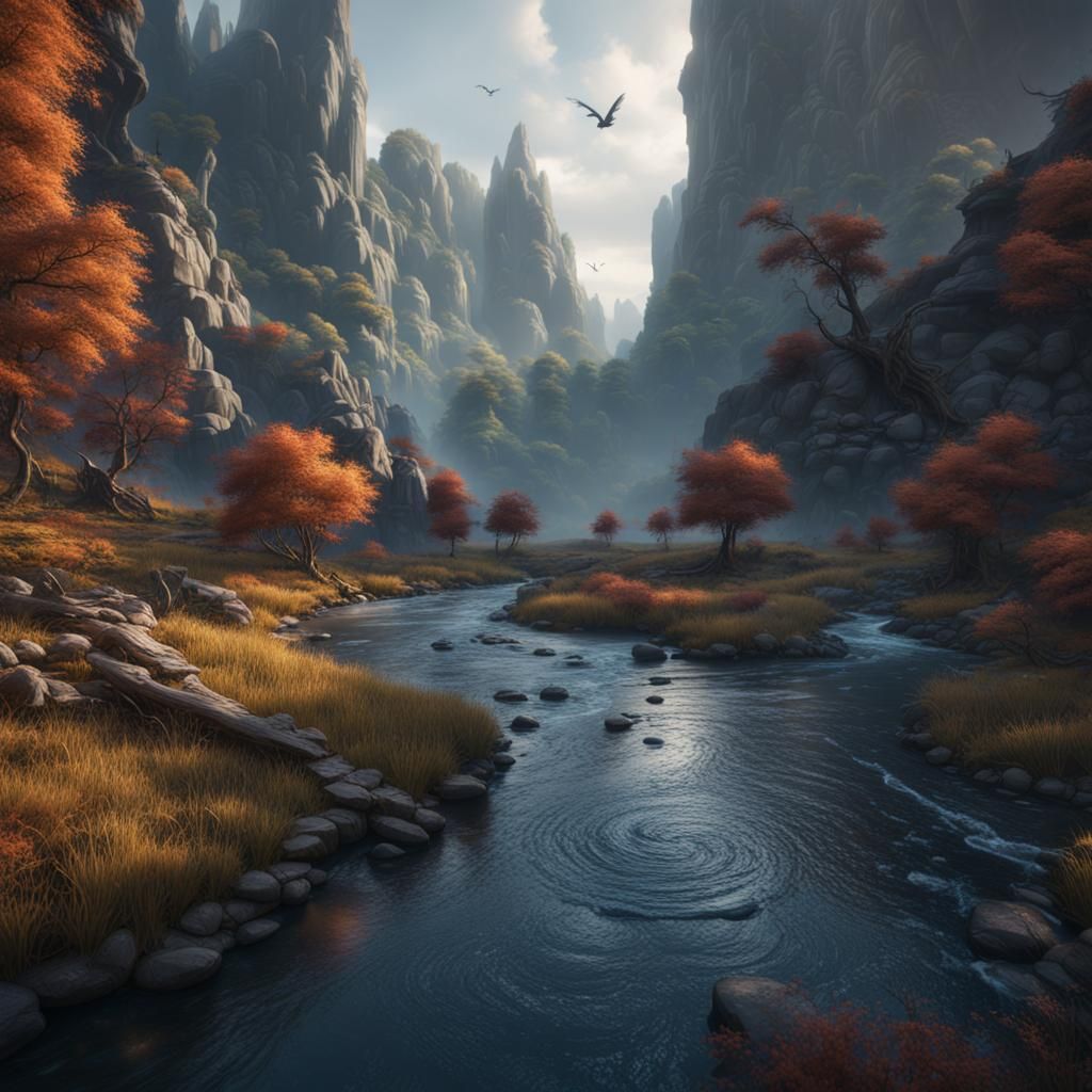 Fantastical River Landscape in Detailed Matte Painting