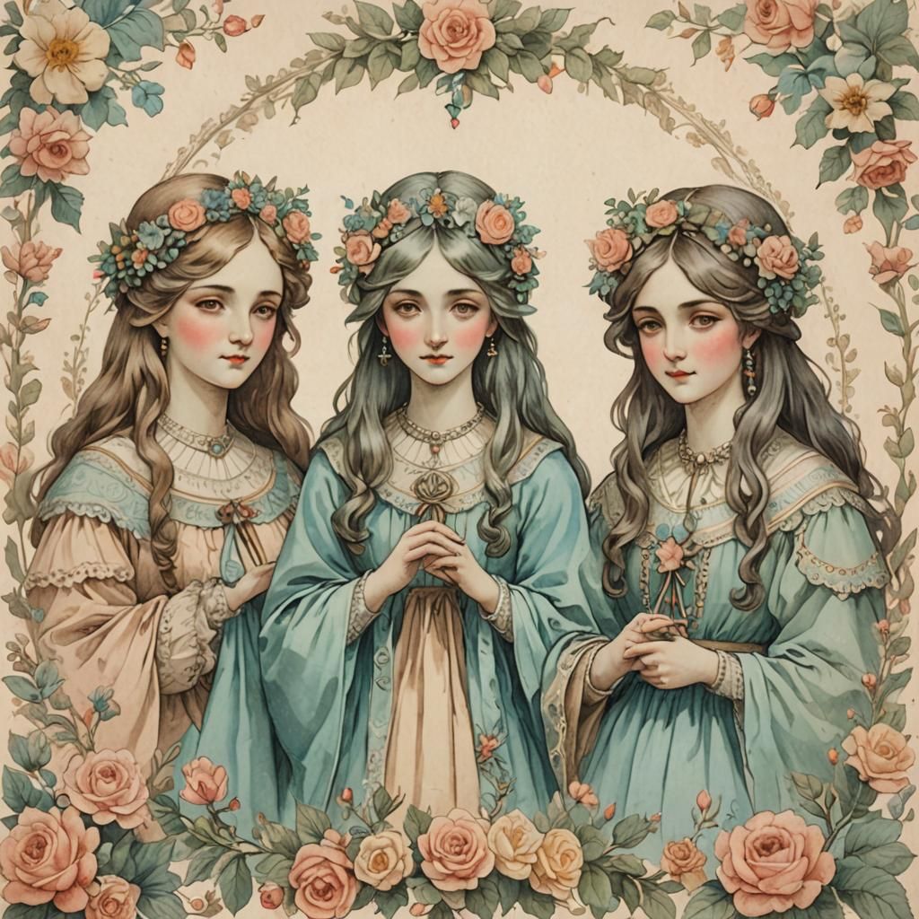 Cottagecore Goddesses in Vintage Victorian Pastel Drawing