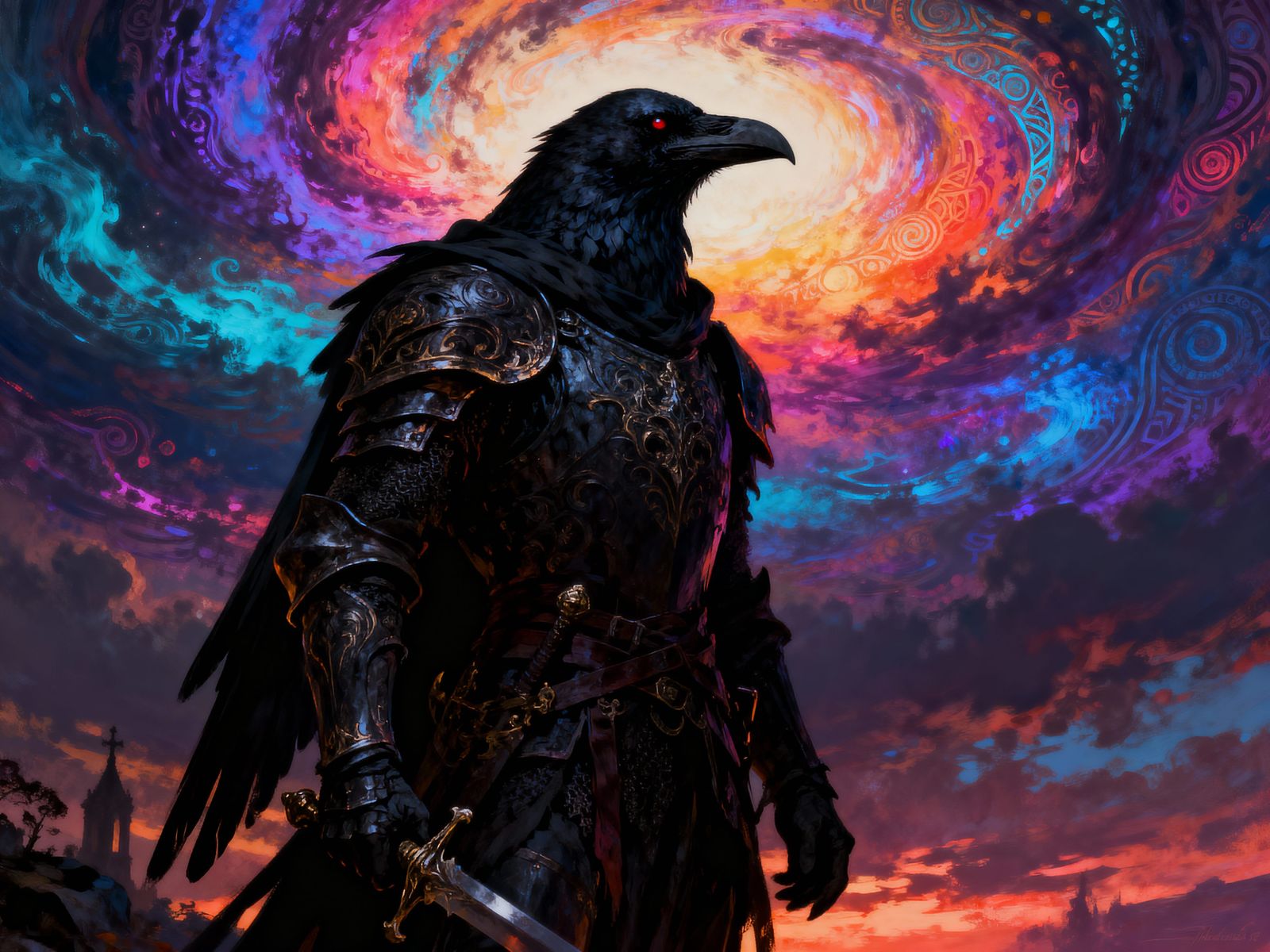 Intricately detailed raven knight; sinister, horror, Gustave...