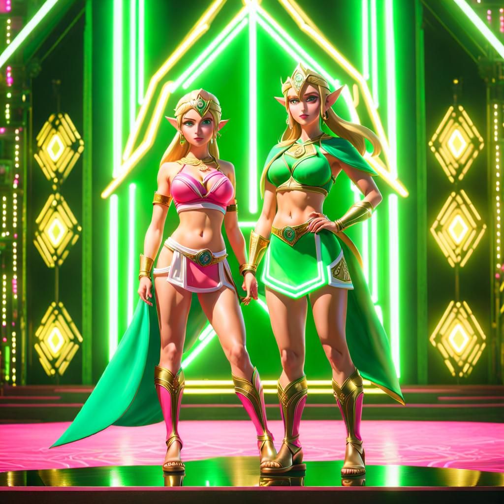 Princess Zelda Inspired Fitness Models in Neon Setting