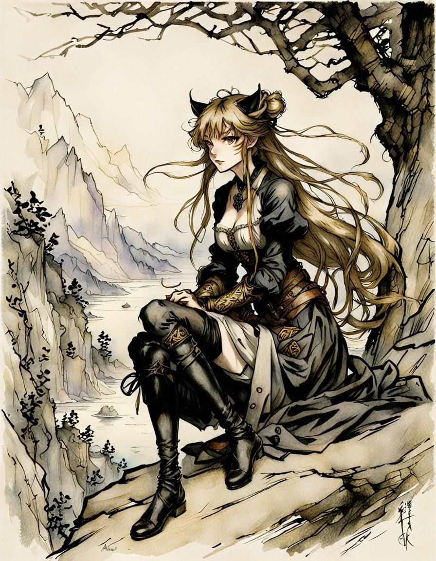 Panther Girl in Isekai Style, Arthur Rackham Inspired