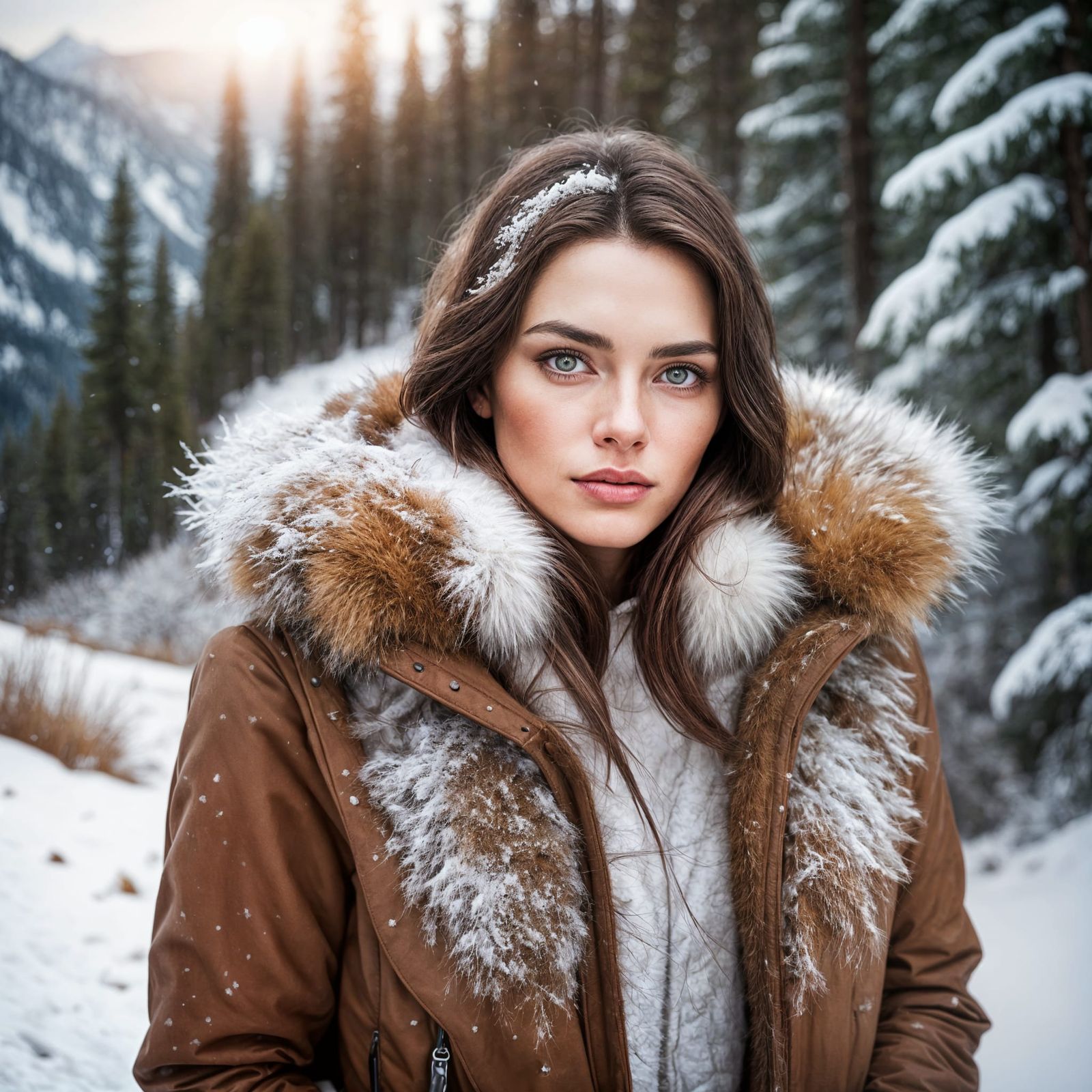 Woman in Winter Clothing on Snowy Trail
