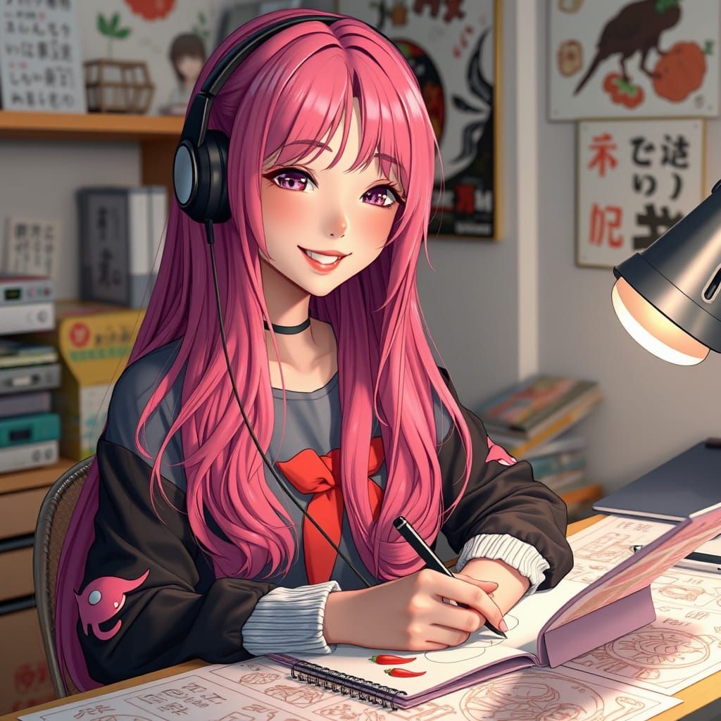 Japanese Woman Drawing Manga in Anime Style