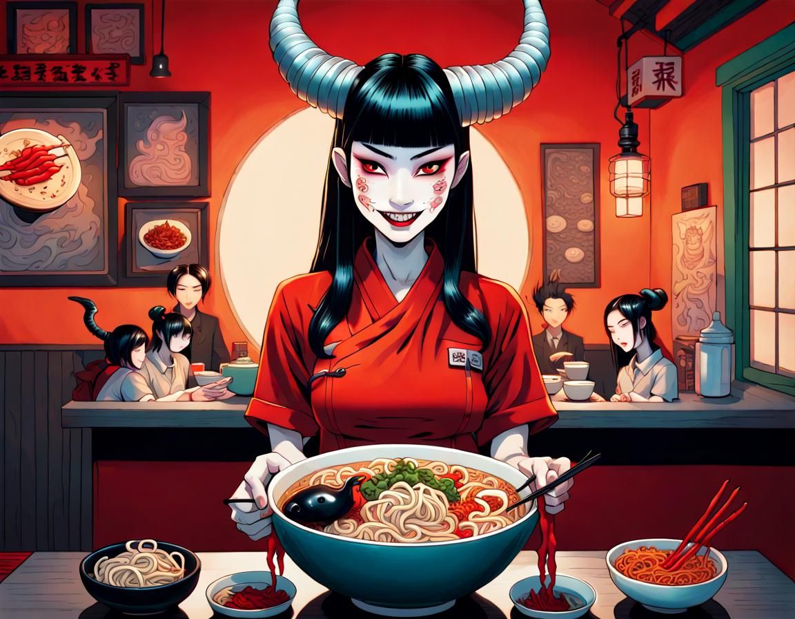 Demon Cafe: Ramen Service in Dark Fantasy Art