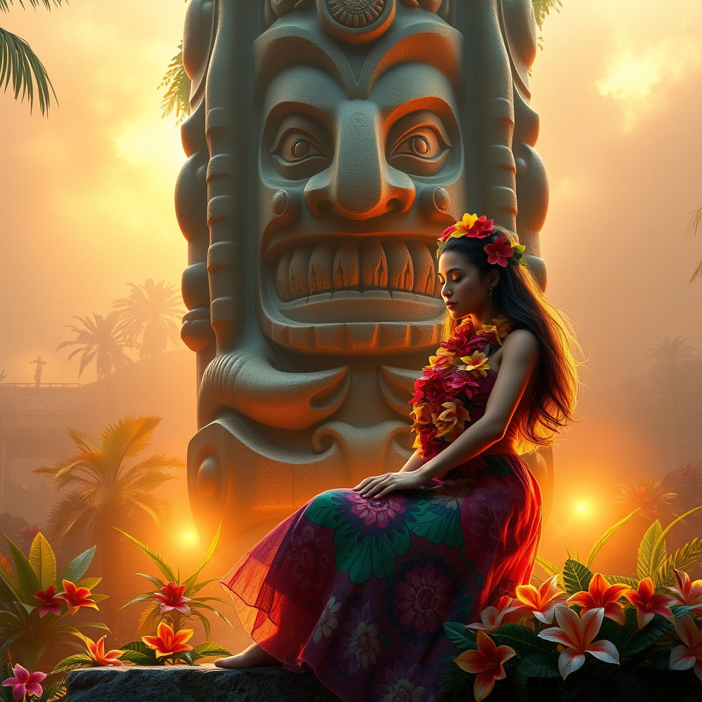 Hula Girl and Tiki Statue in Tropical Paradise