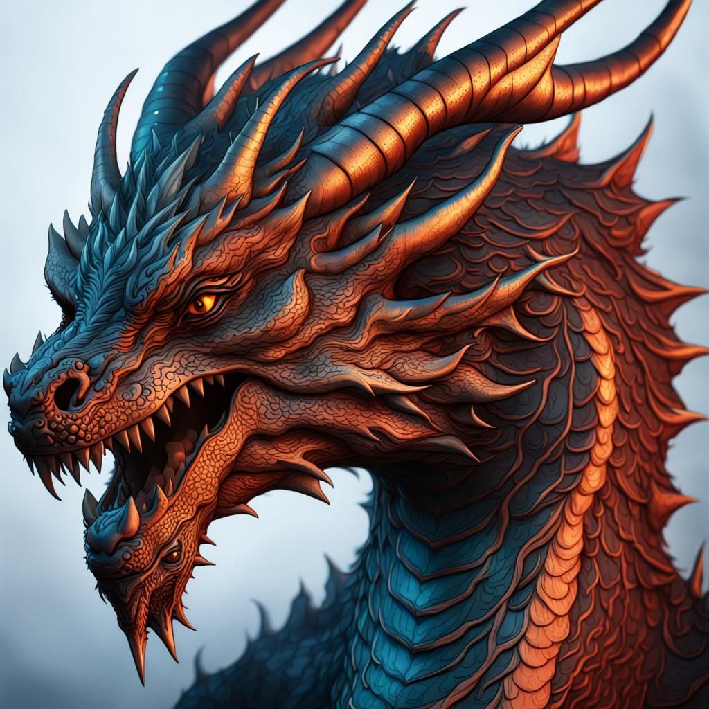 Detailed Line Art Dragon Head in Deep Color