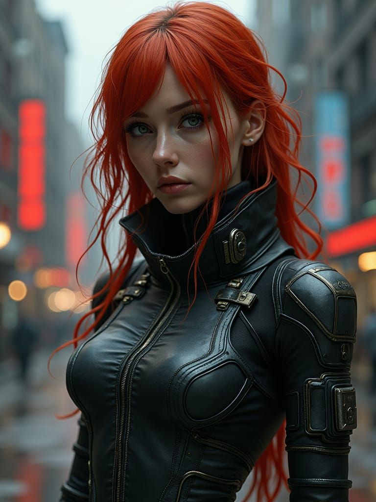 Anime Bounty Hunter in Gritty Cityscape at Dusk