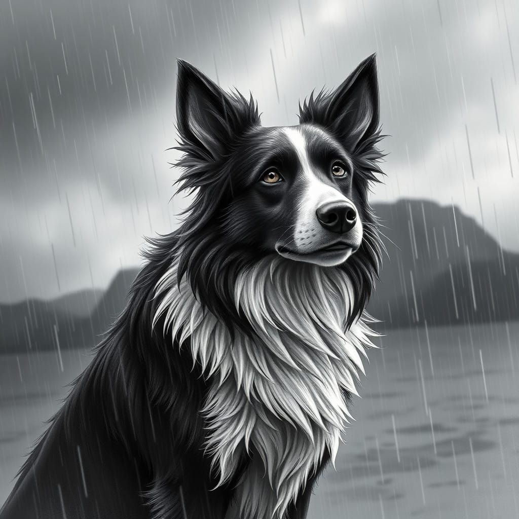 Majestic Black and White Border Collie in a Dramatic Rainy L...