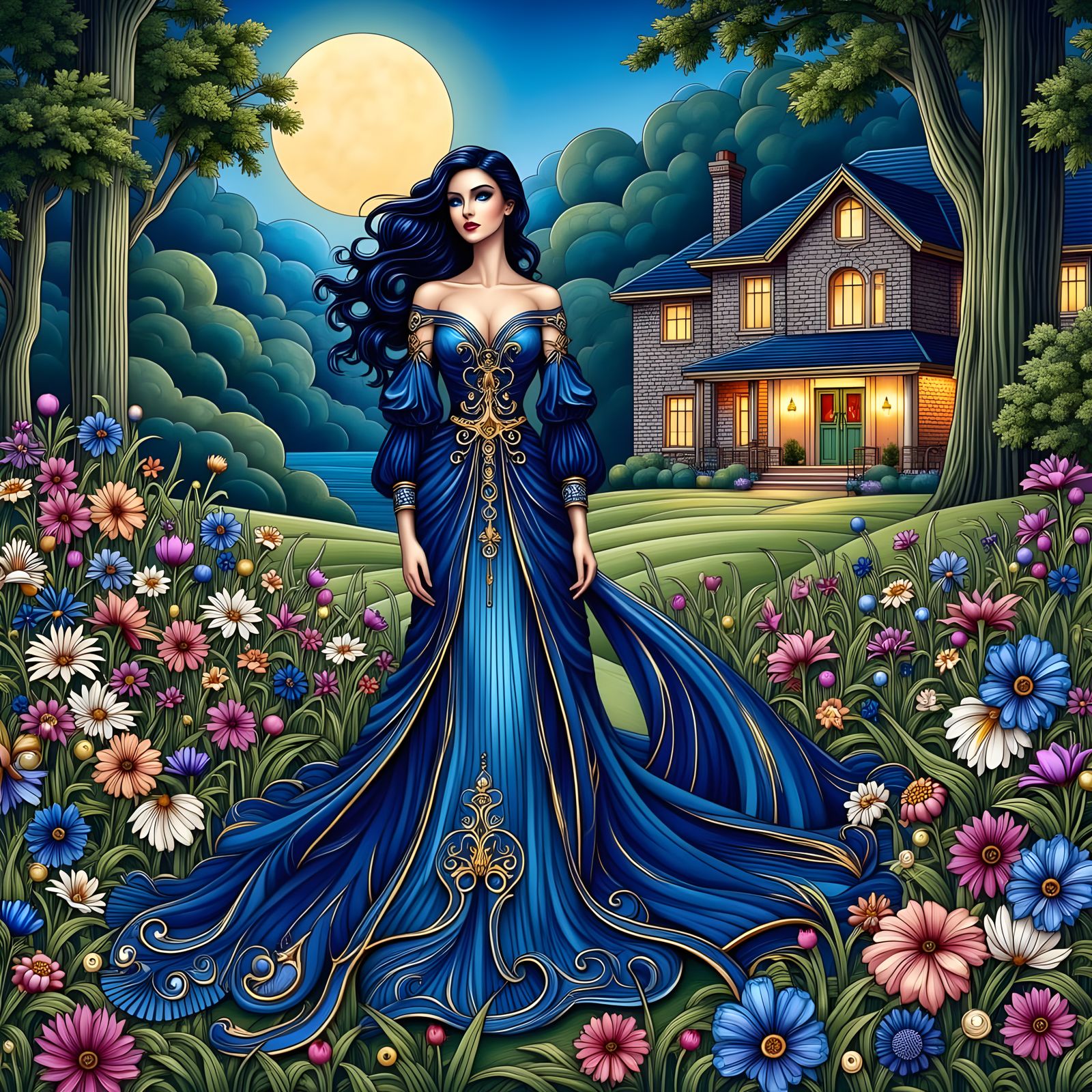 Elegant Lady in Art Deco Nouveau Style, Surrounded by a Vibr...