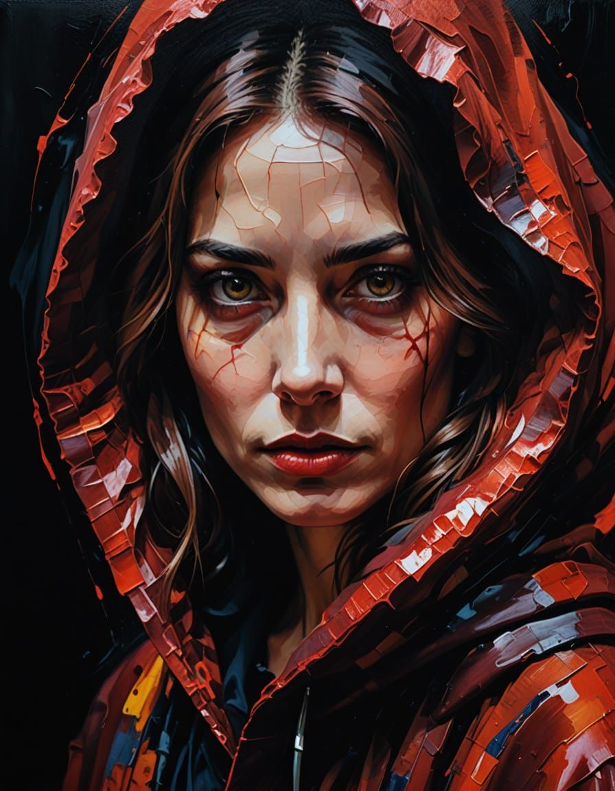 Intense Expressionist Portrait of a Woman Emerging from Dark...