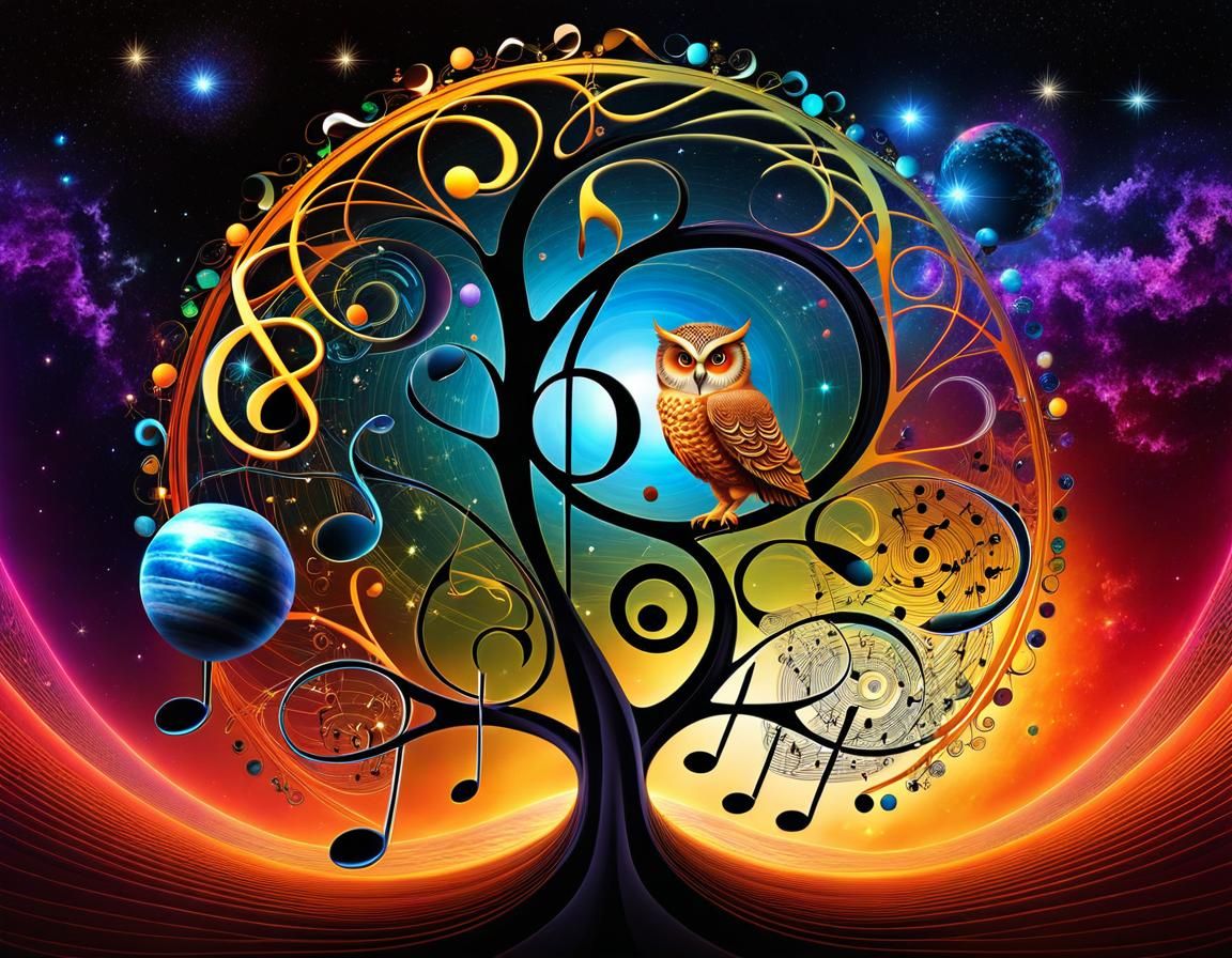 Surreal Tree of Music, Owls, and Planets
