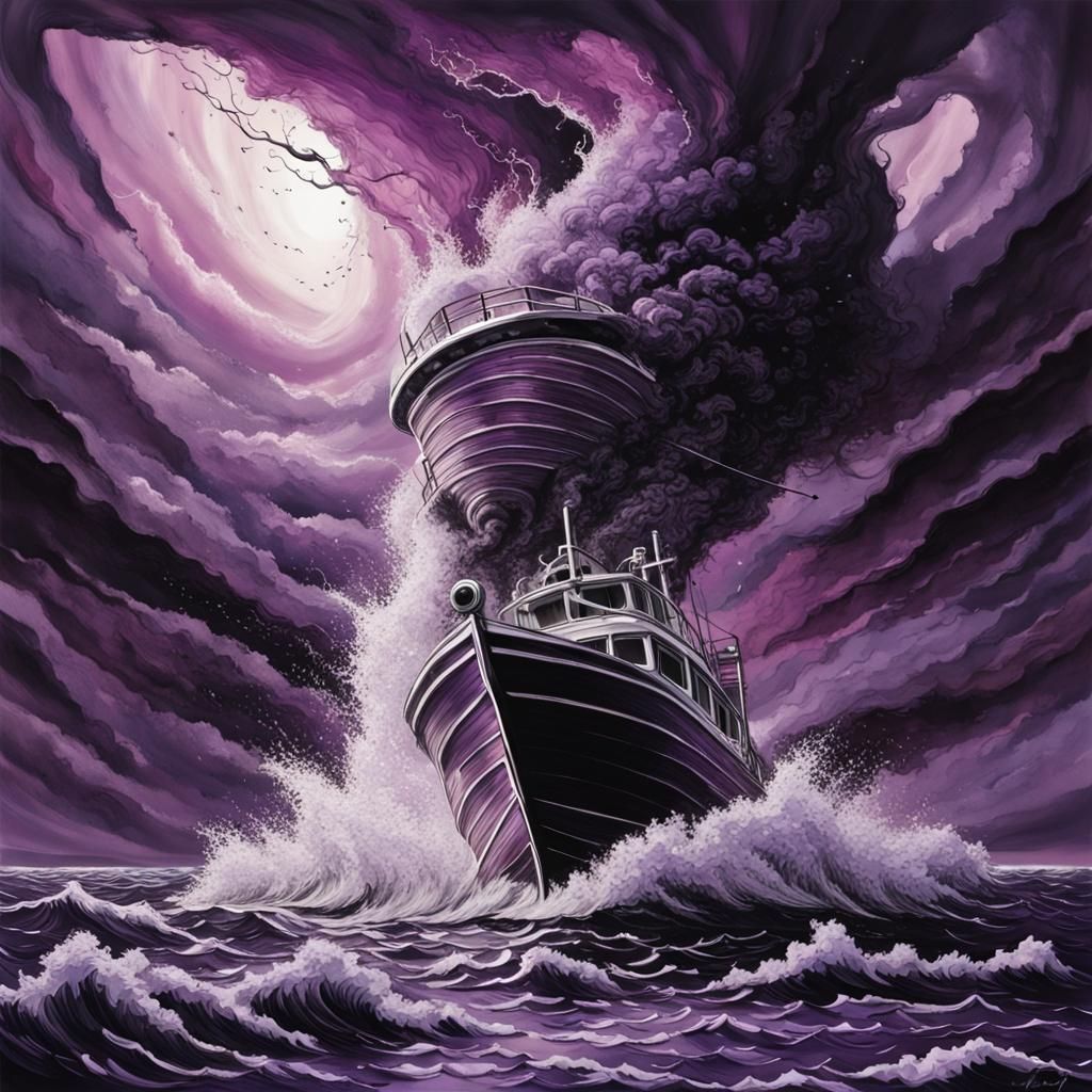 Ink Tornado Threatens Boat in Stormy Ocean