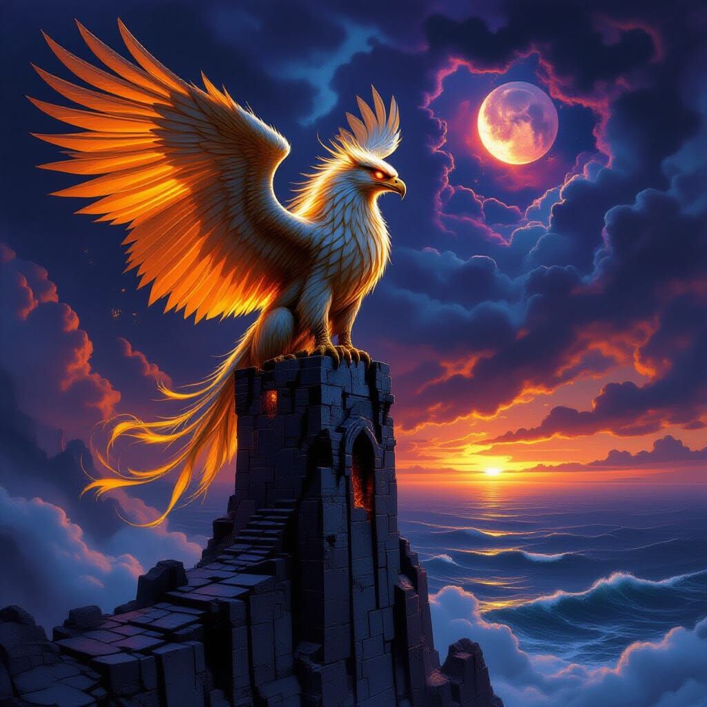 Majestic Griffin on Obsidian Tower in Stormy Fantasy Landsca...