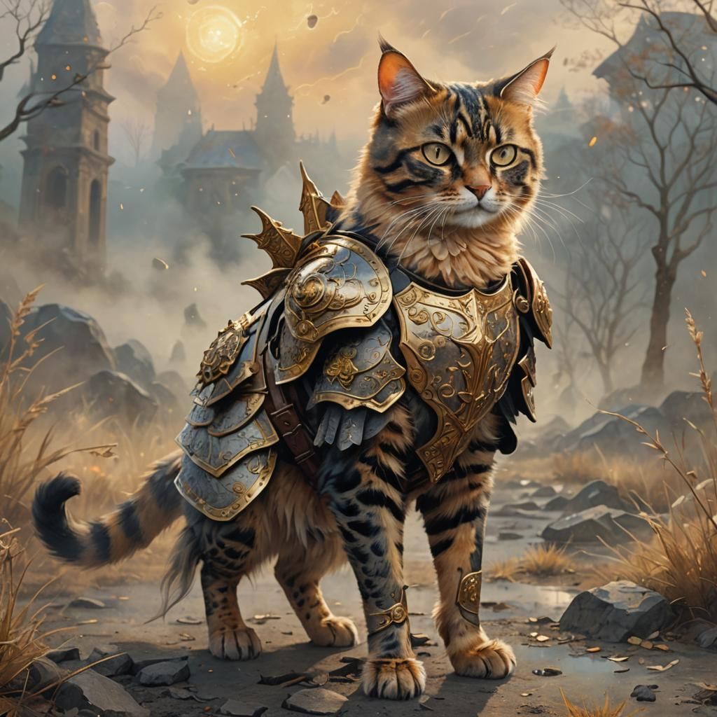 Tortoiseshell Cat Warrior Goddess in Misty Battlefield