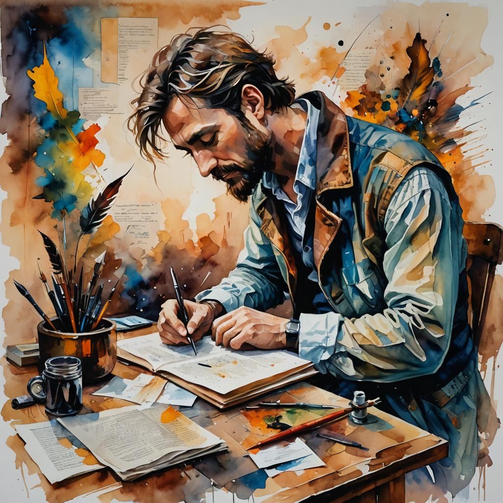 Poet Writing with Quill, Impasto Style Painting