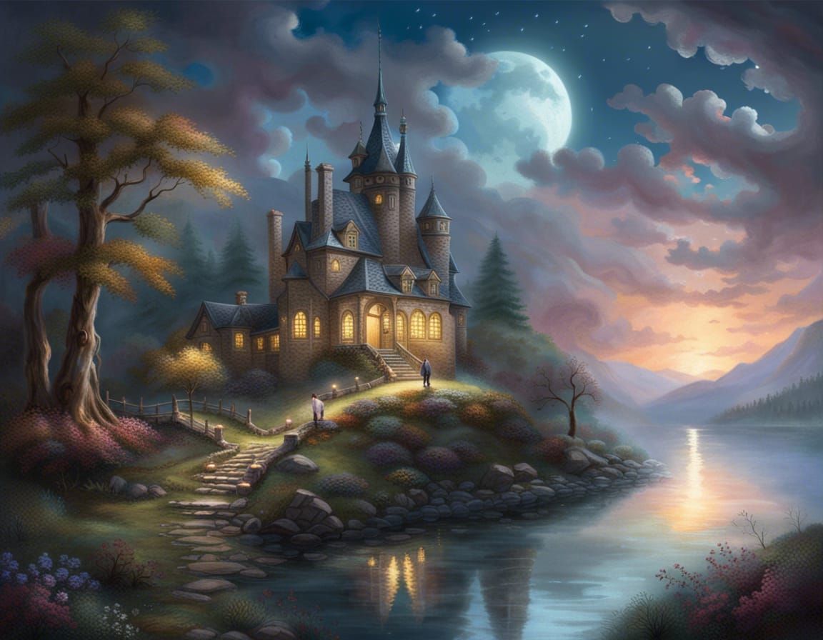 Fantasy Castle on Lake Under Night Sky
