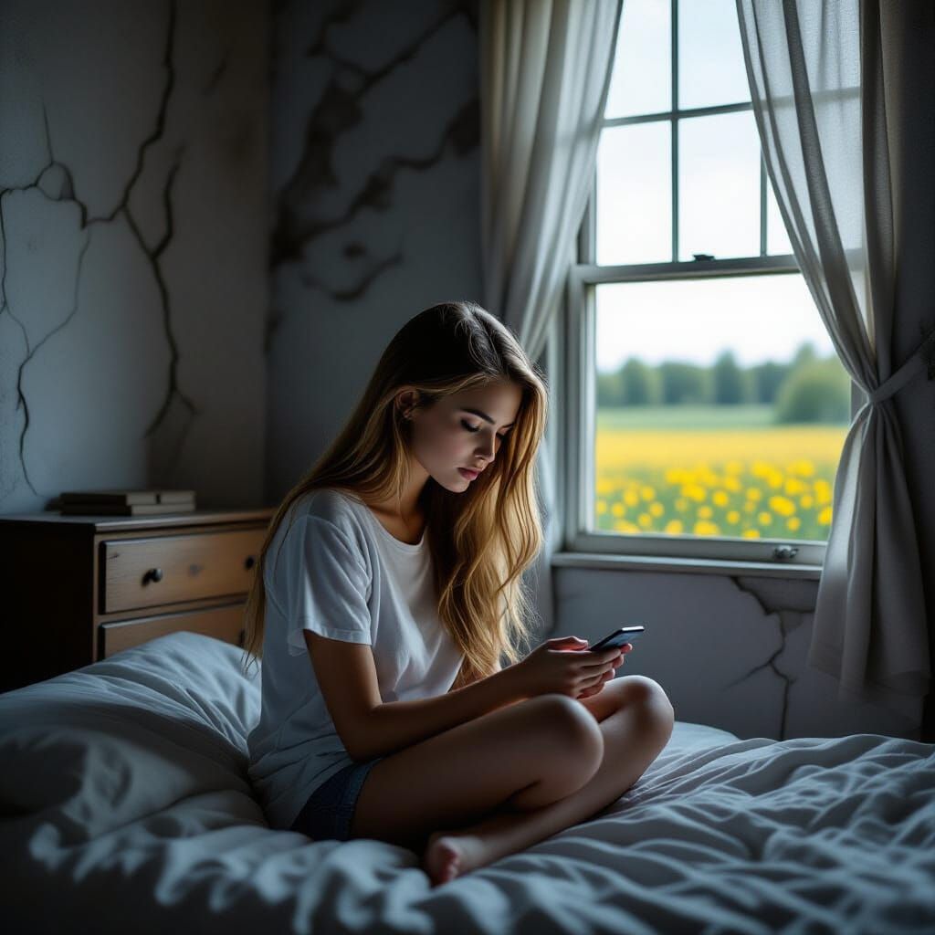 Monochrome Woman Gazing at Phone in Photorealistic Style