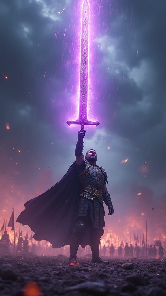Lone Warrior Raises Glowing Sword in Dramatic Sky
