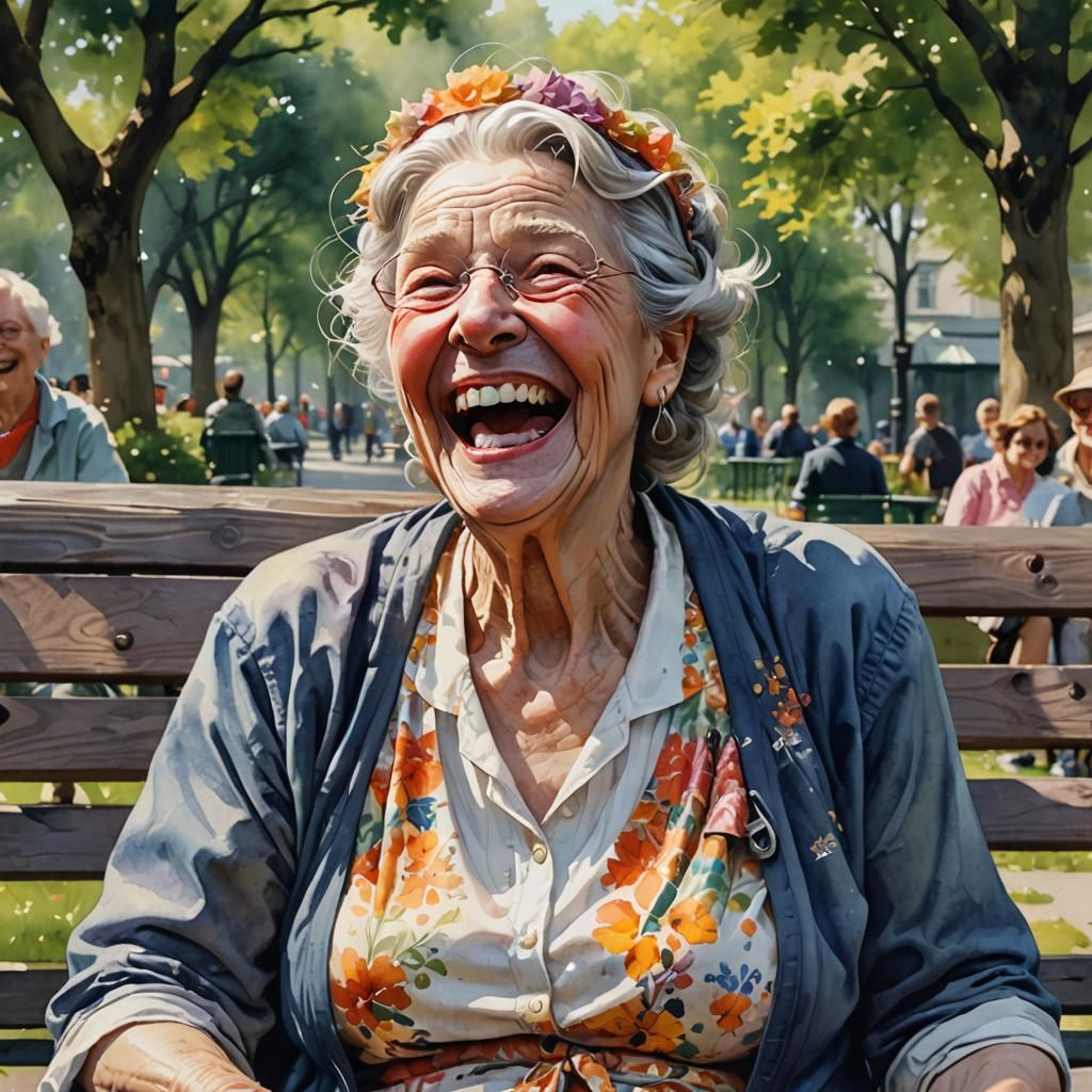 Laughing Old Lady Portrait in Watercolour Style