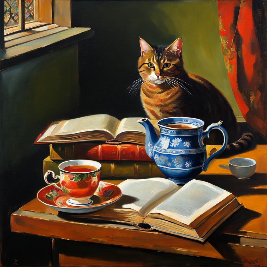 Morning Tea, Book, and Cat Impasto Painting