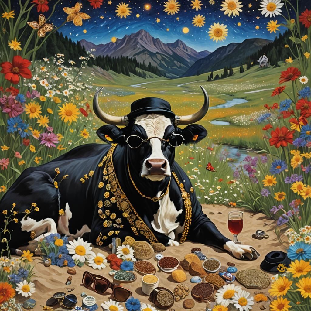 Surreal Cow in Daisy Field: Gothic Dreamscape