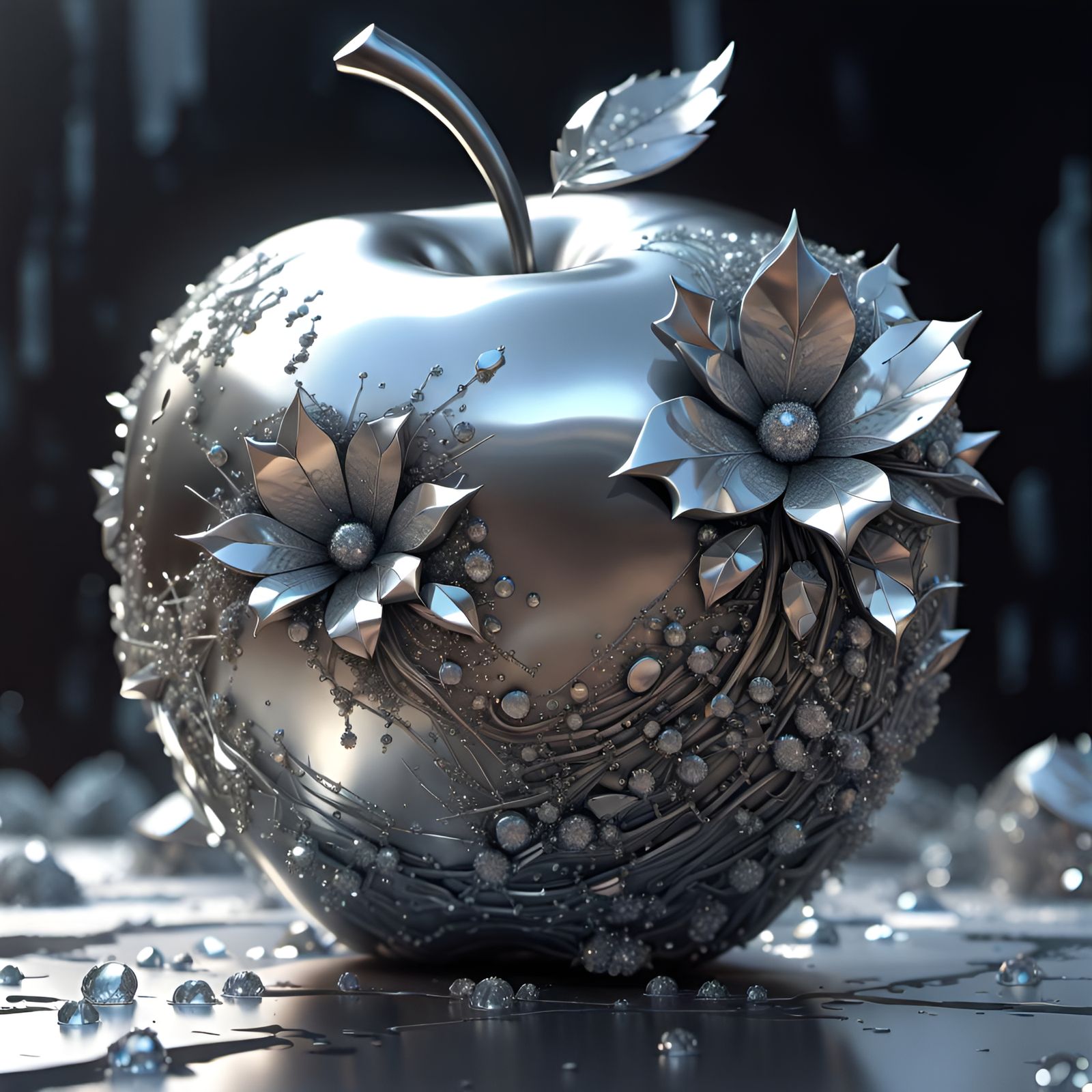 Metallic Silver Apple in Crystallized Style
