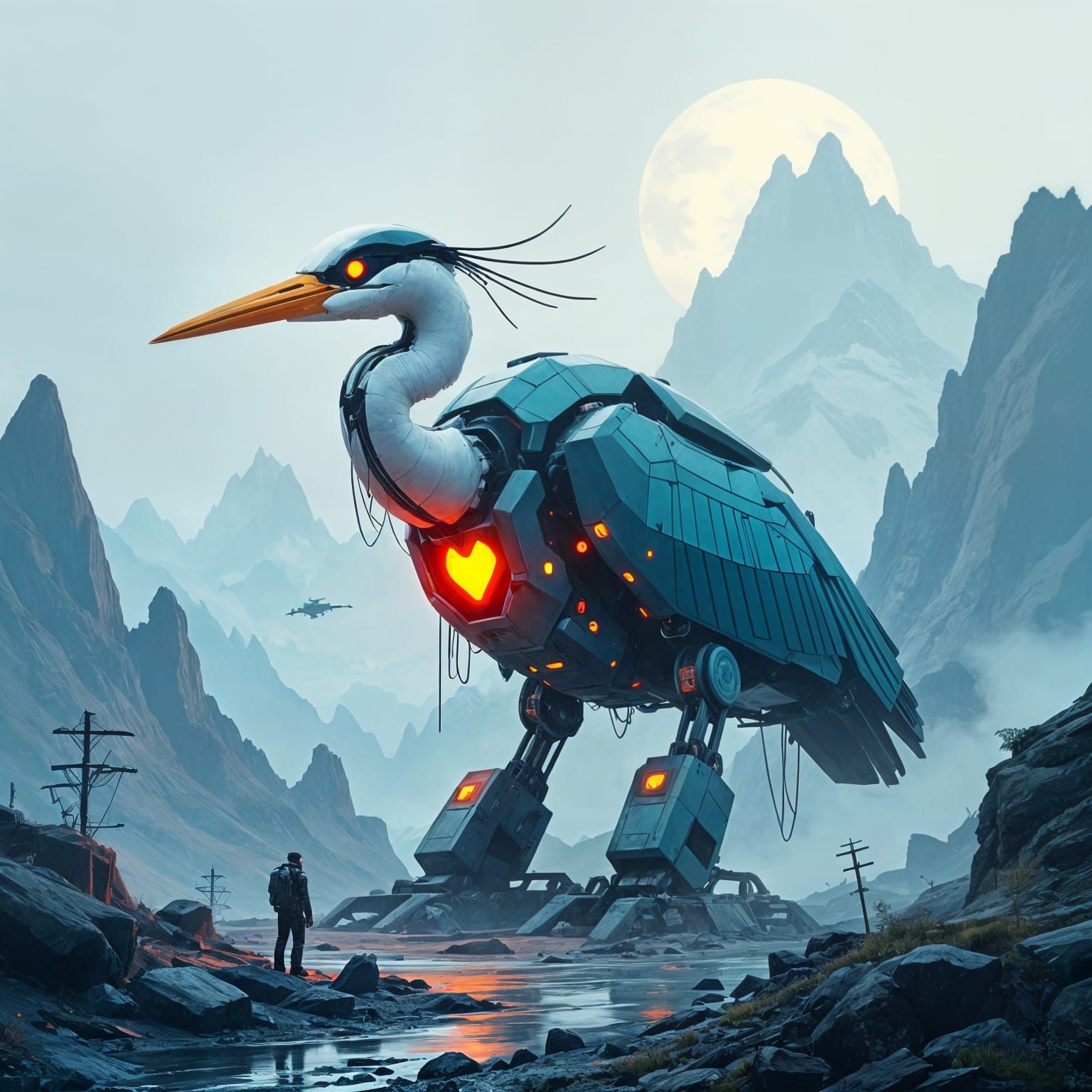 Colossal Robotic Heron Tank in Jagged Mountains