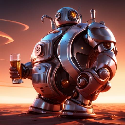 Bloated Robot Chugging Beer in Sci-Fi Setting
