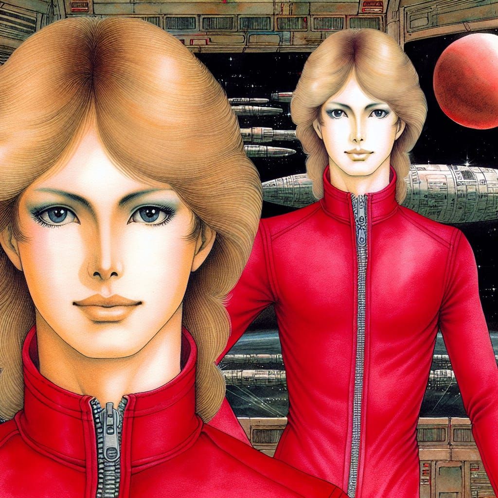 Elegant Red Space Pilot with Golden Hair and Piercing Blue E...