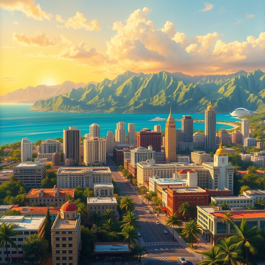 Majestic Pearl City Hawaii Sunset Cityscape in Traditional O...
