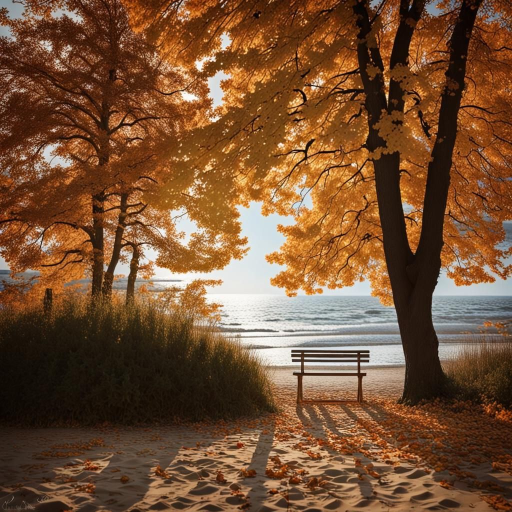 Impressionist Autumn Beach Scene in Gouache Style