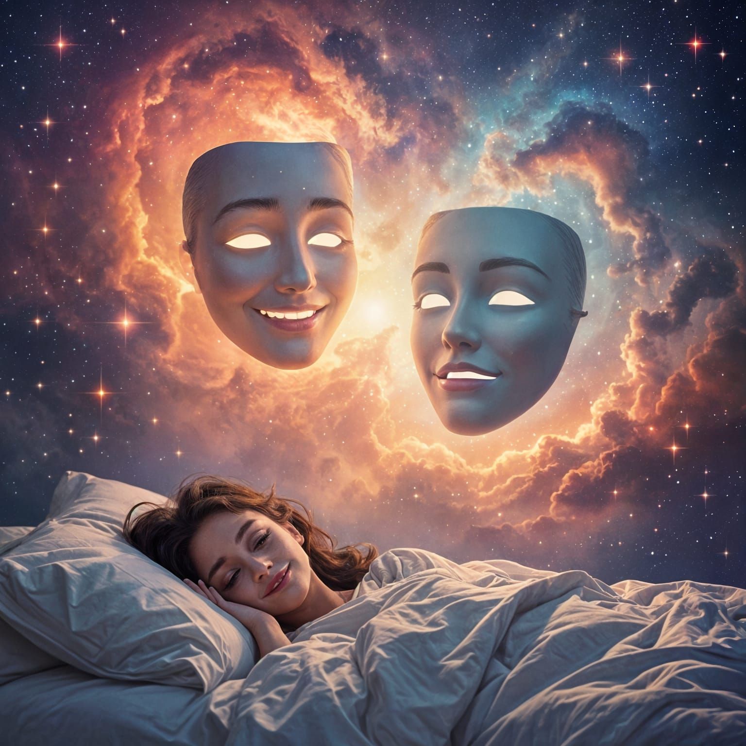 Happy and Sad Drama Masks Floating in Starry Nebula Sky