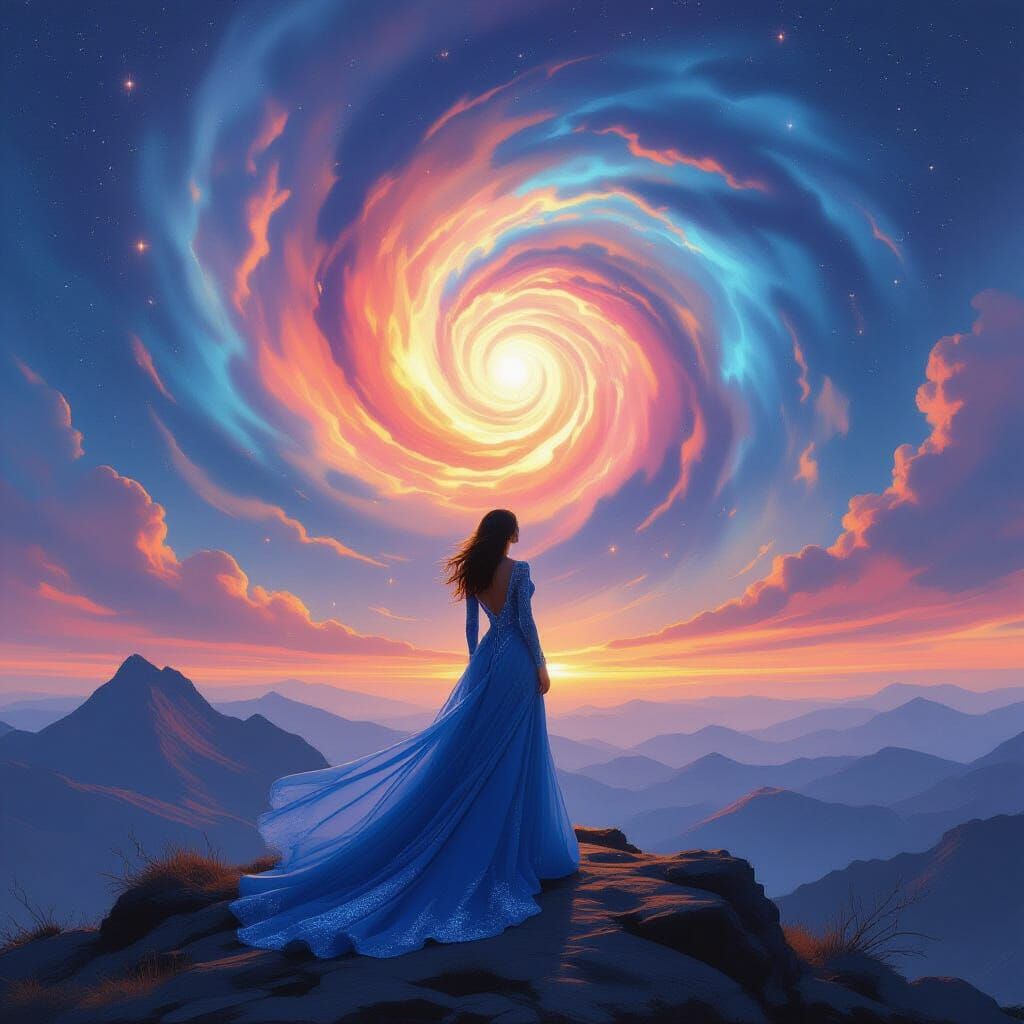 Cosmic Dream: Woman Gazing at Nebulae Vortex