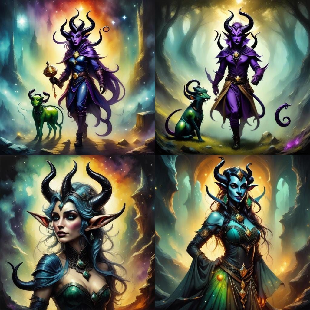 Vibrant Tiefling Sorceress in Alcohol Ink Style