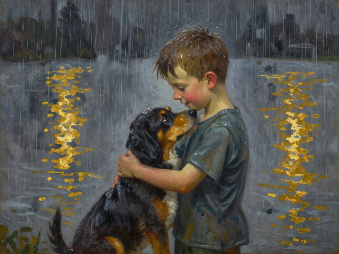 Heartwarming Embrace: Boy and Dog in Golden Rain
