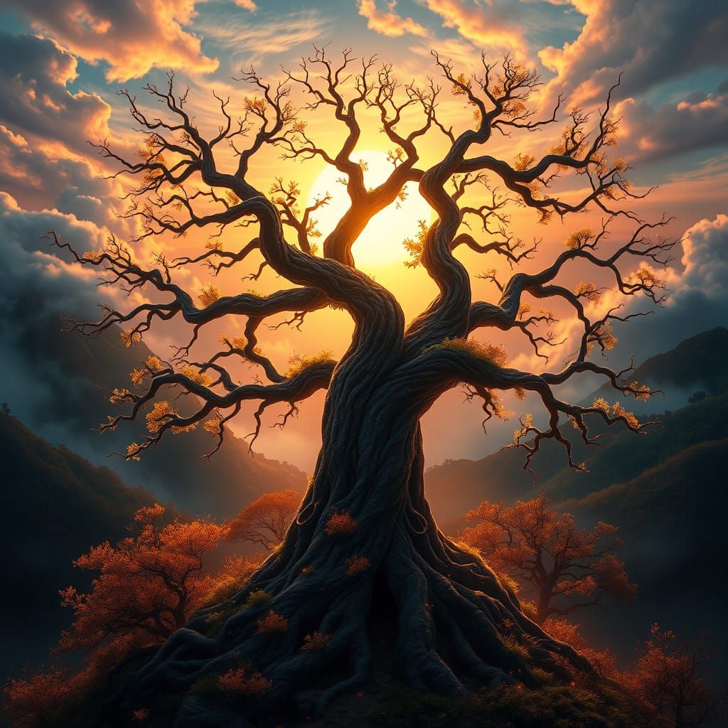 Golden Dawn: Ancient Tree of Resilience in a Vibrant Mystica...