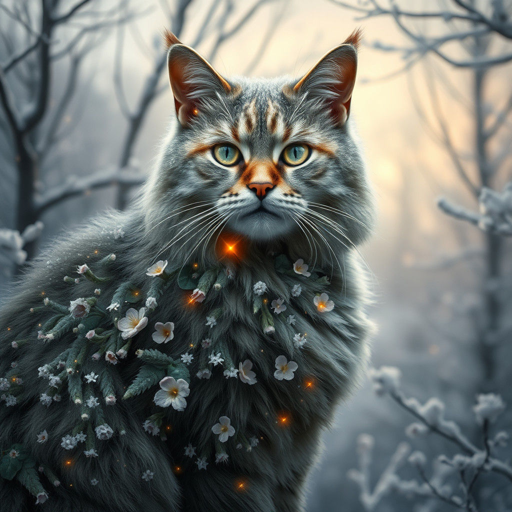 Cat with Winter Forest Body in Surreal Style