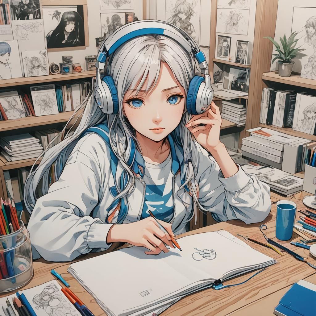 Anime Girl with Headphones Coloring Book Style