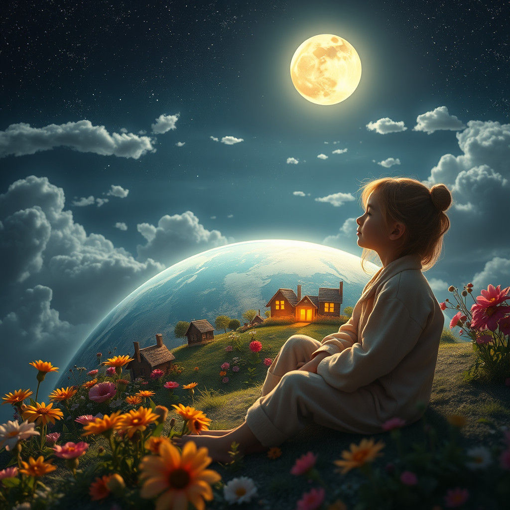 Dreamy Moon Lady Overlooking Earth in Fantasy Style