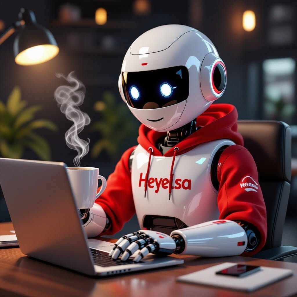 Happy Robot Working and Drinking Coffee in Red Hoodie