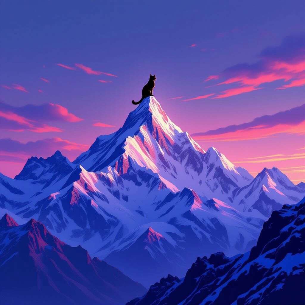 Majestic Cat Silhouette on Snow-Capped Mountains at Twilight