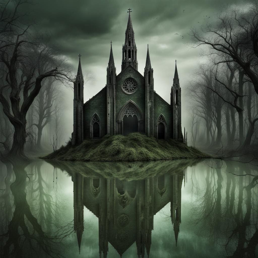 Eerie Surrealist Landscape with Gothic Ruins