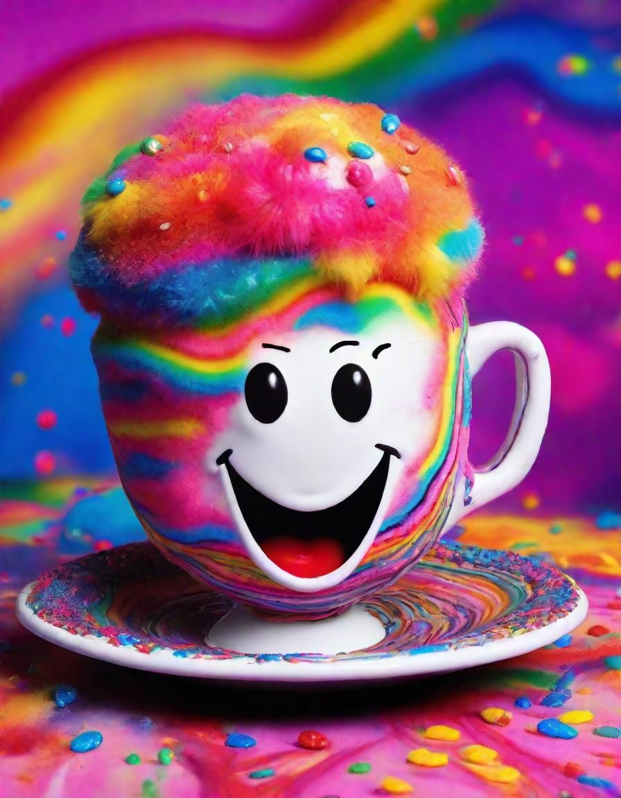 Psychedelic Cushion and Teacup in Surreal Landscape