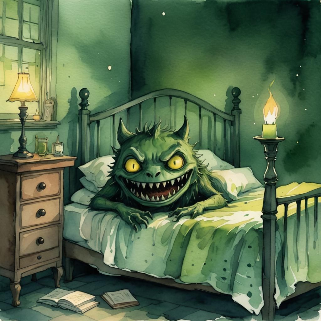 Dark Whimsy Creature Under Bed in Watercolor Style