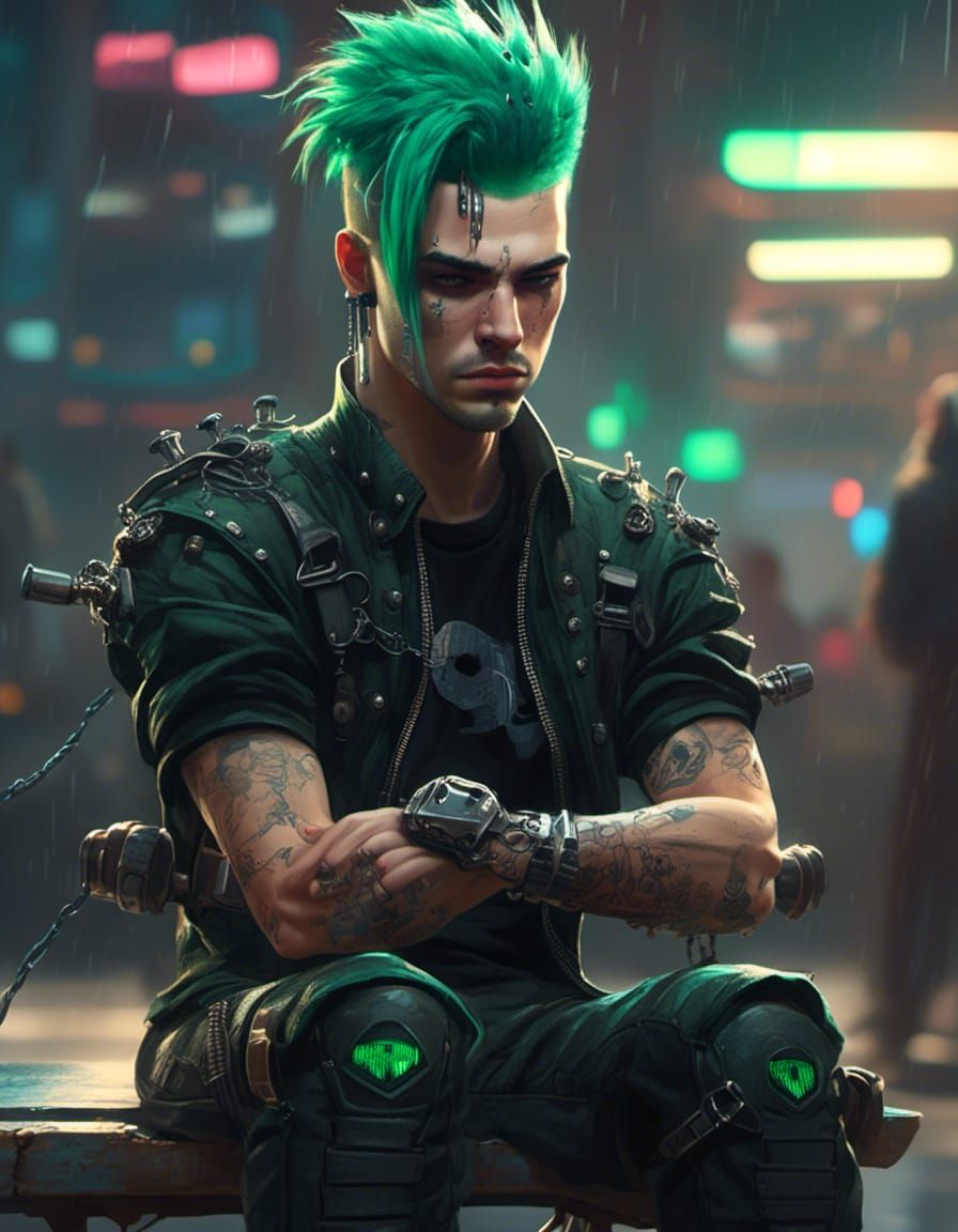 Cyberpunk Man in Handcuffs on Dreary Day